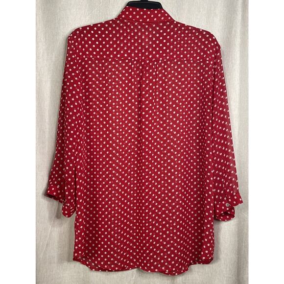 Chico's Women's Size 2 Blouse - Red w/White Polka Dots - Sheer 3/4 Sleeve - Picture 2 of 3